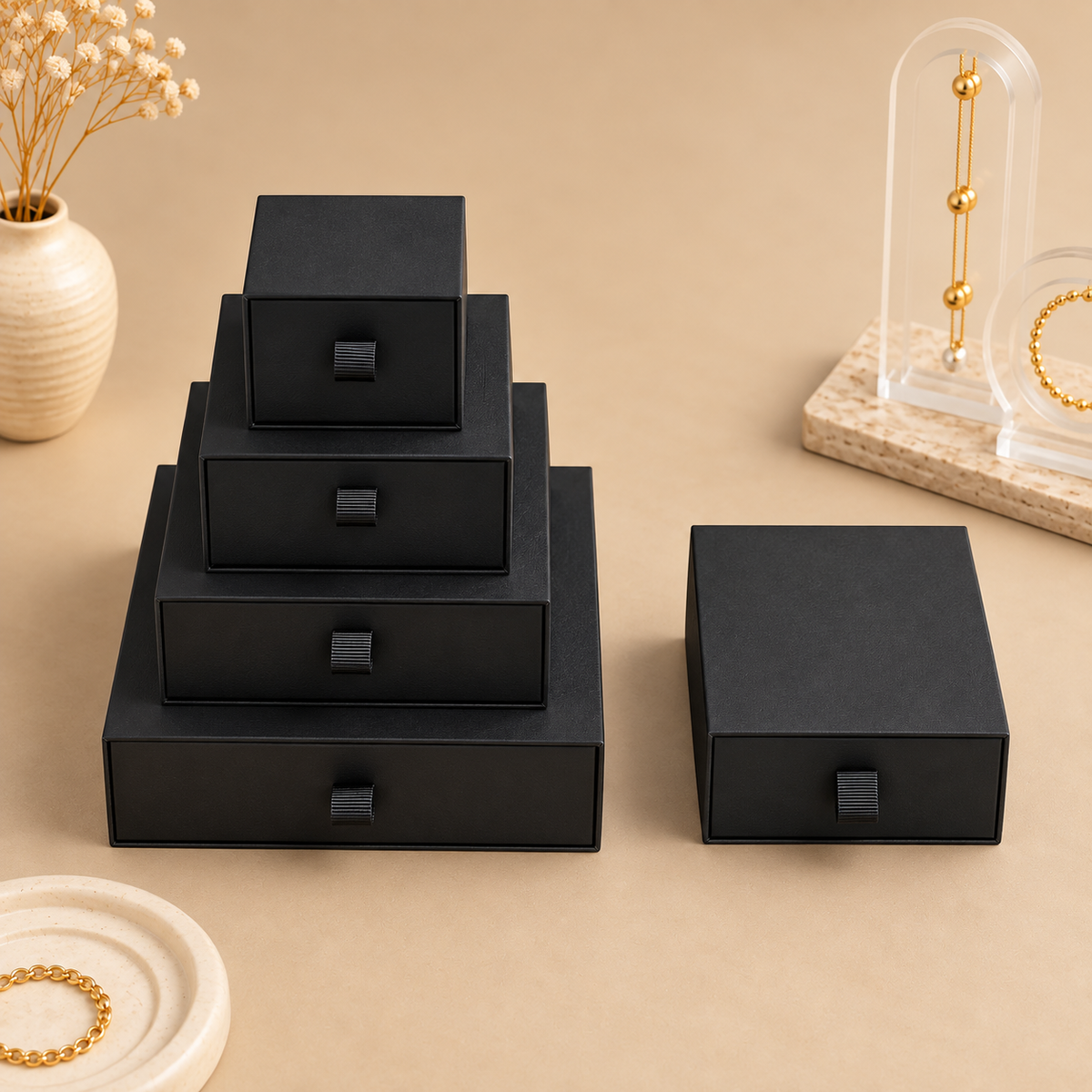 Black specialty paper drawer jewelry boxes in five sizes