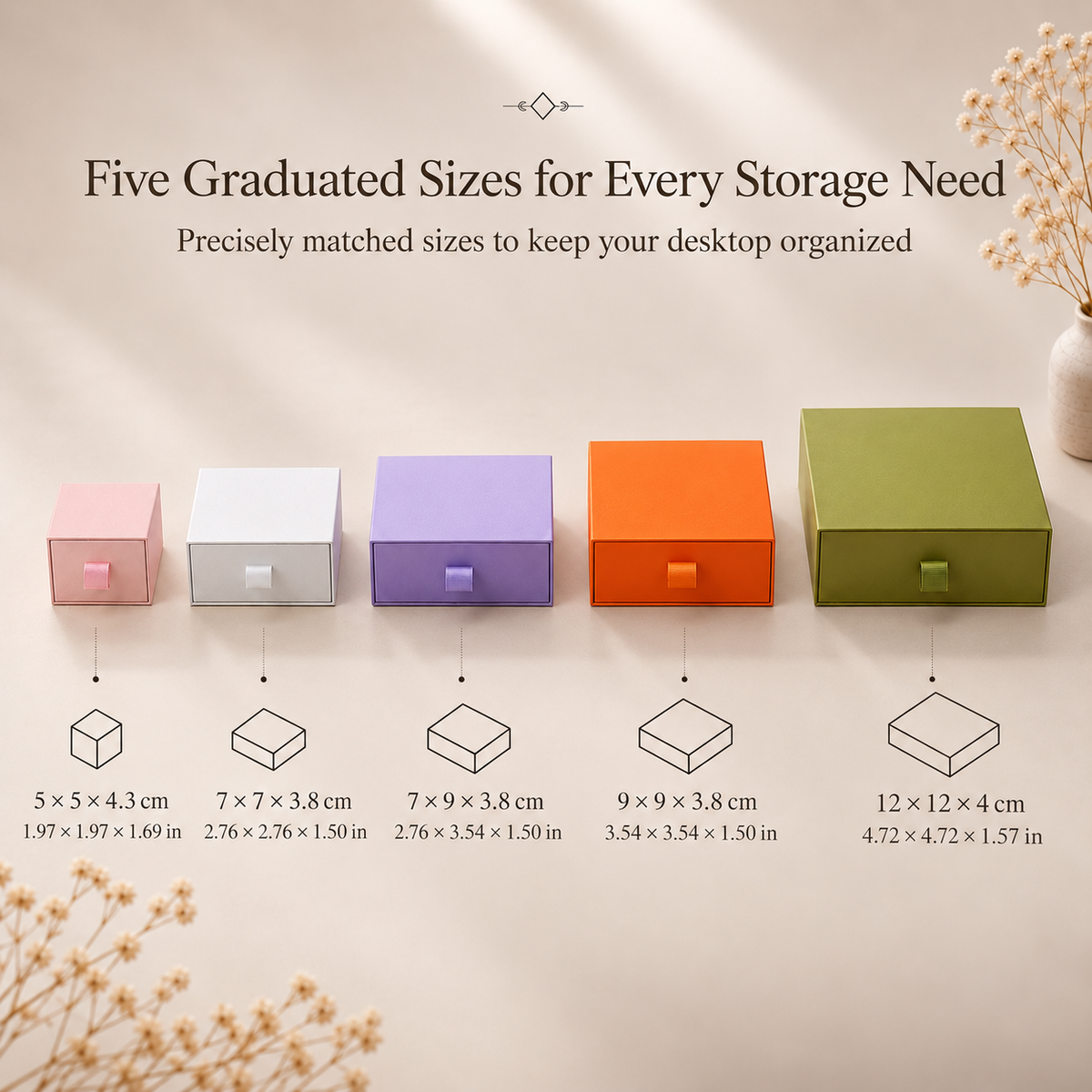 Five drawer jewelry box sizes with labeled external dimensions
