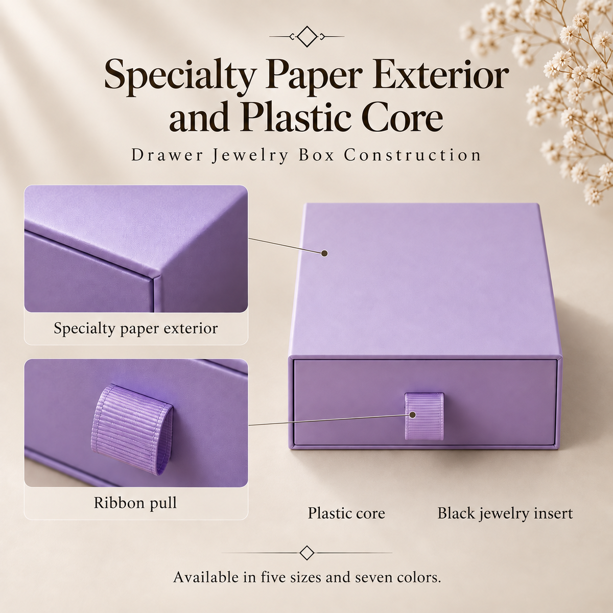 Purple drawer jewelry box with specialty paper exterior and ribbon pull shown with close-up details