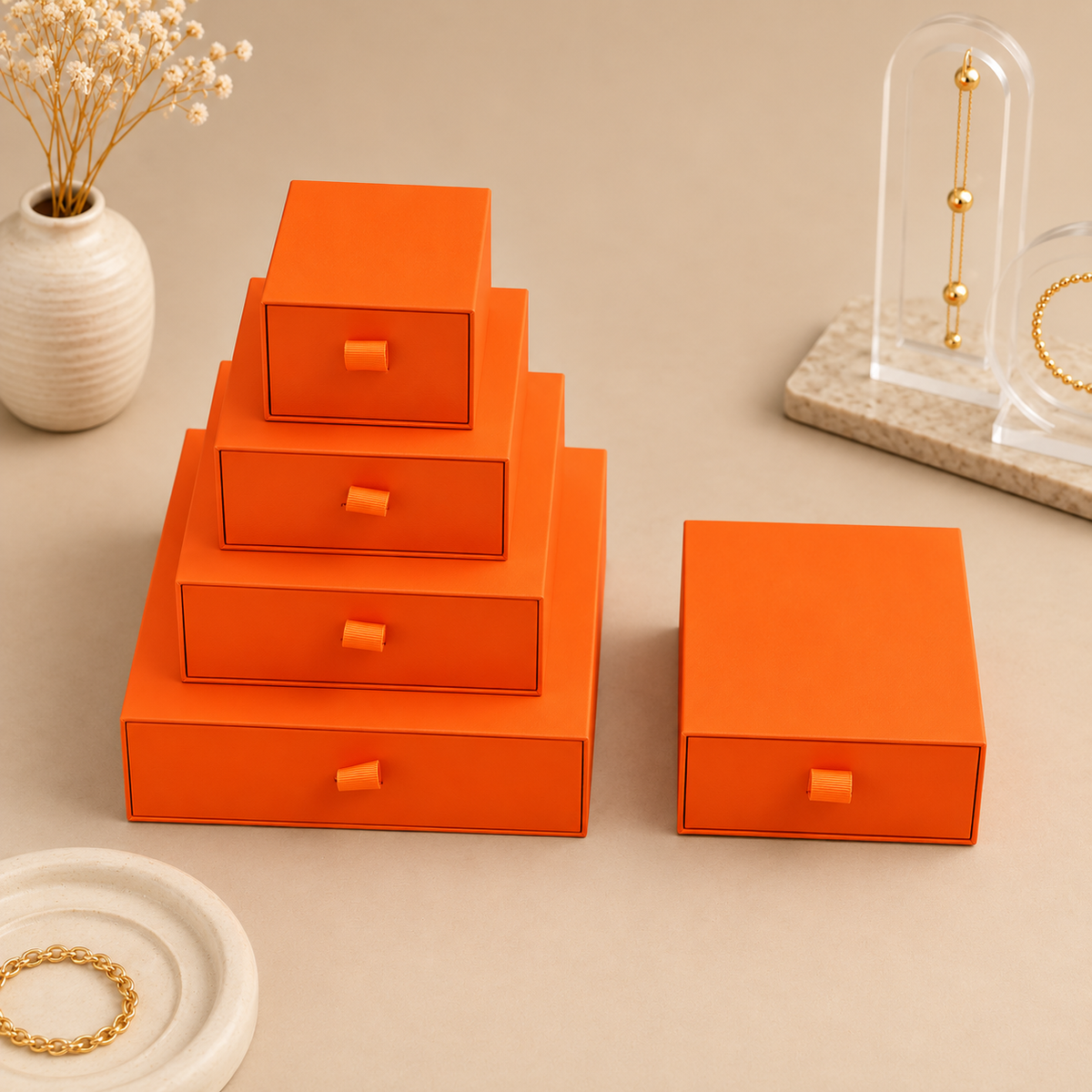 Orange specialty paper drawer jewelry boxes in five sizes
