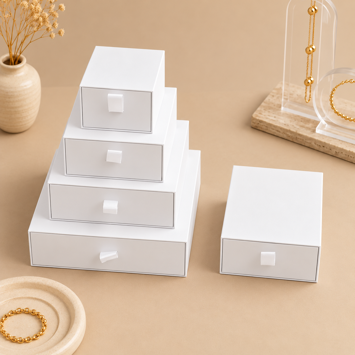 White specialty paper drawer jewelry boxes in five sizes