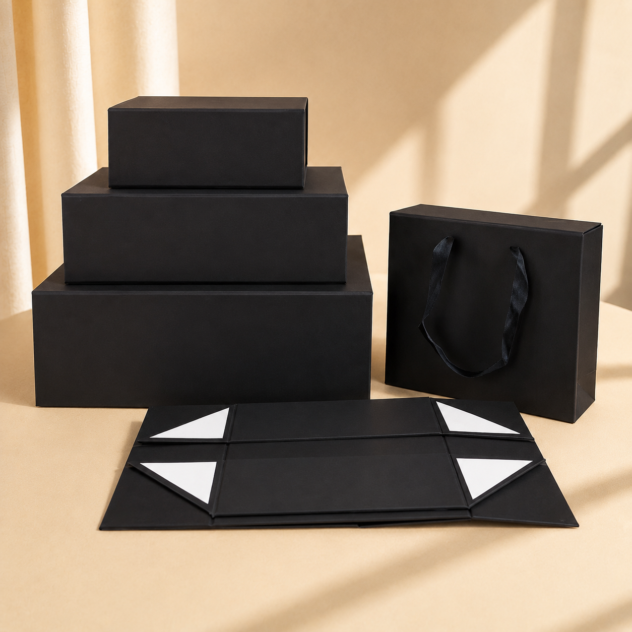 Black collapsible magnetic gift box set with flat-pack panels