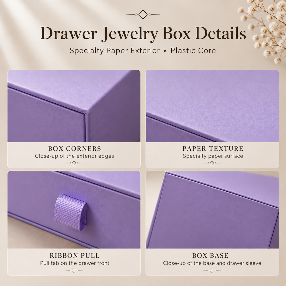 Close-up views of drawer jewelry box corners specialty paper surface ribbon pull and base
