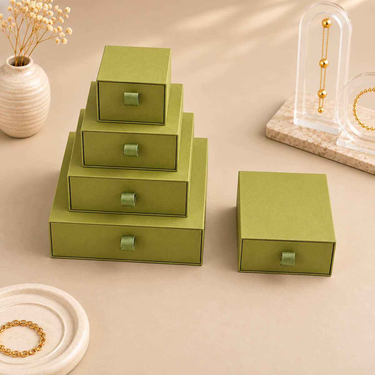 Grass Green specialty paper drawer jewelry boxes in five sizes