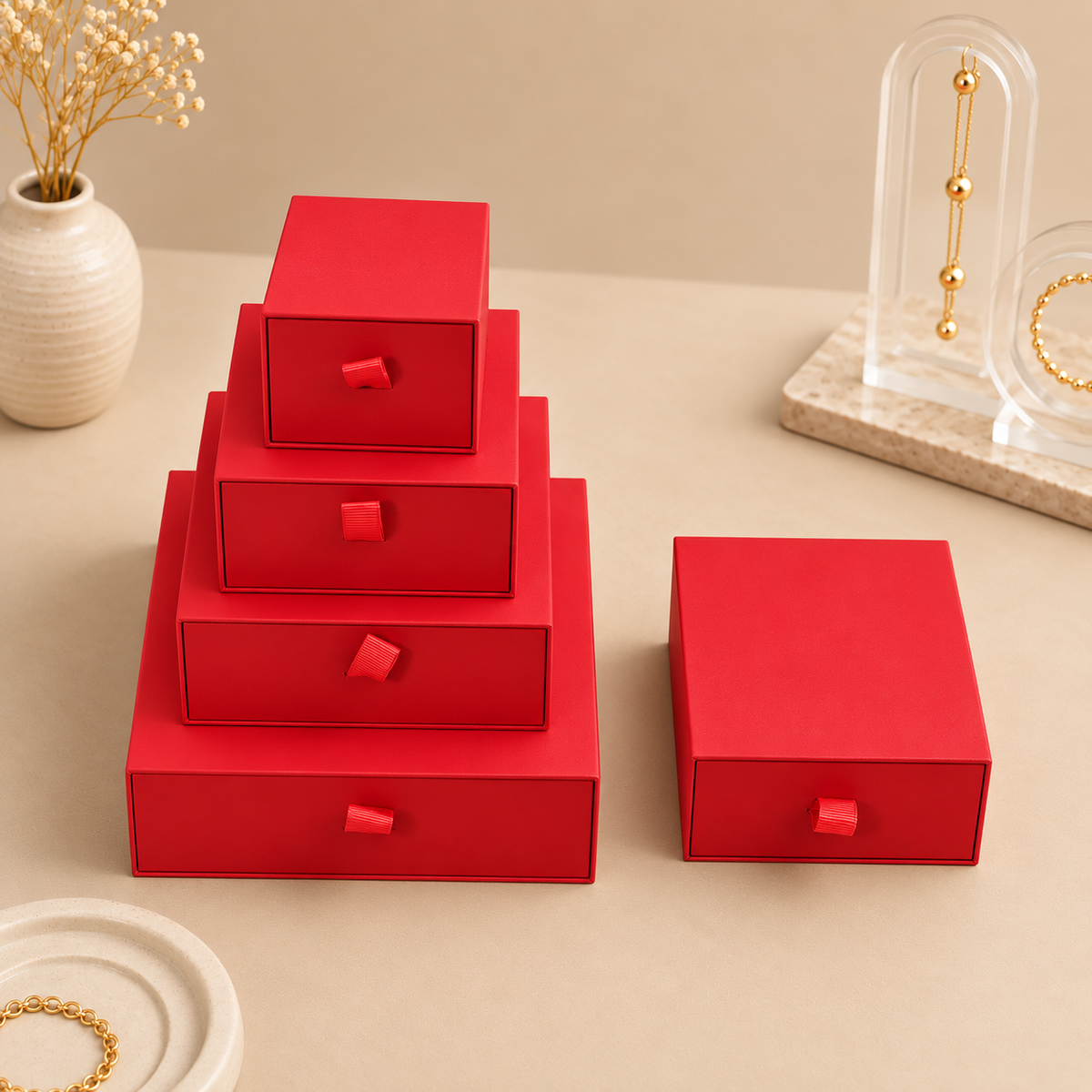 Red specialty paper drawer jewelry boxes in five sizes