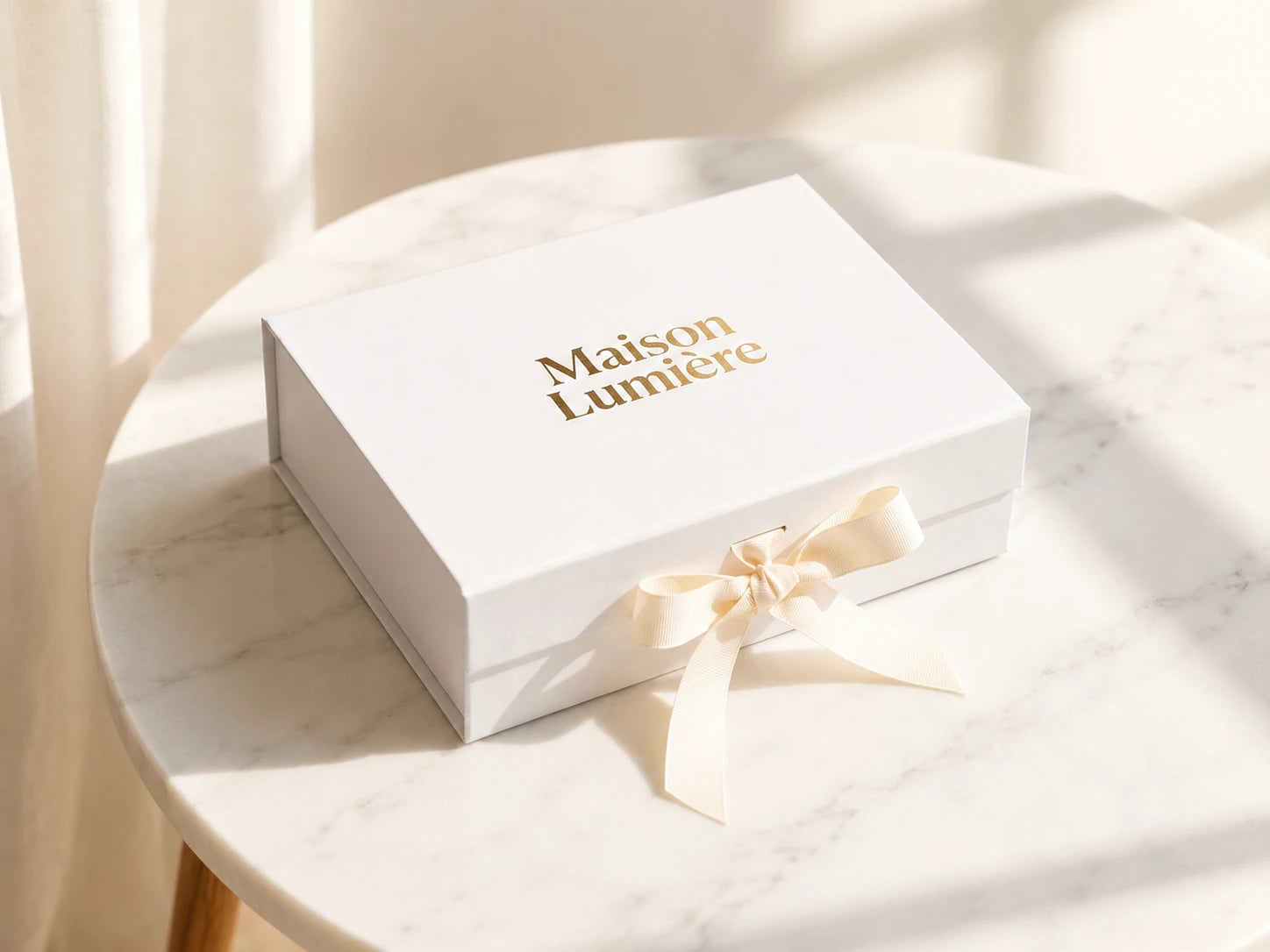 White rigid gift box with a ribbon closure and gold foil logo example