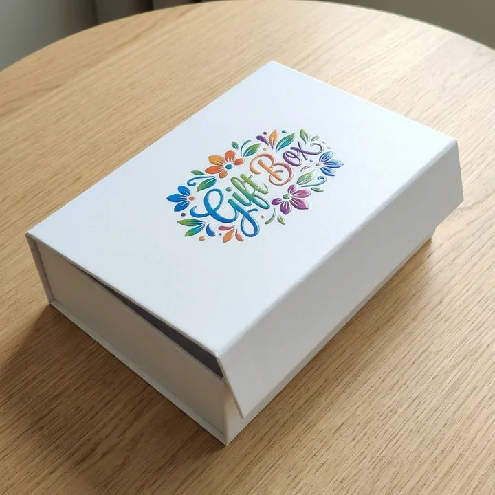 Full-color UV printed floral logo on a white magnetic gift box