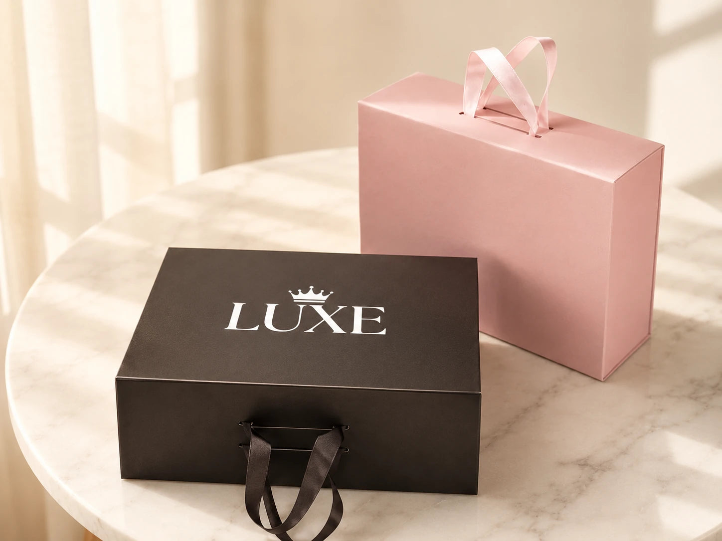 Black and pink handled gift boxes available in ready-to-ship styles